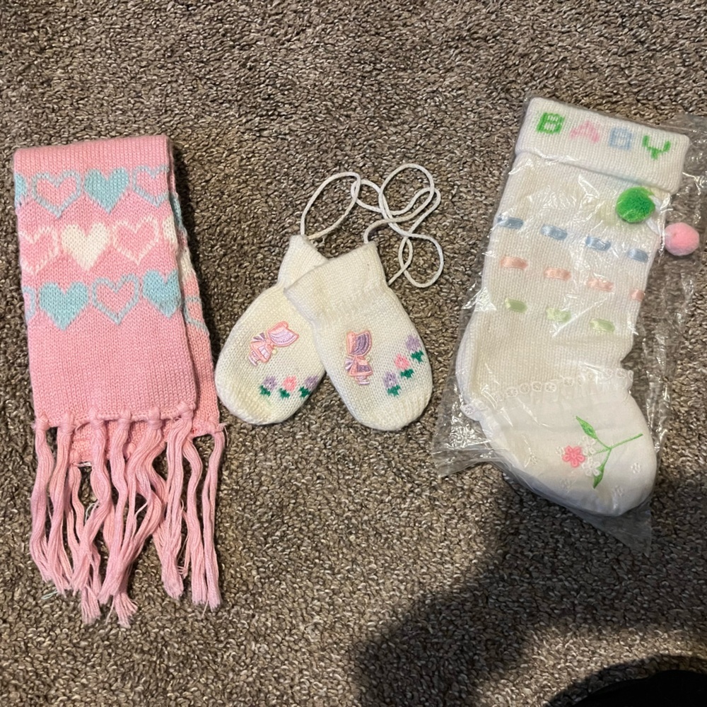 Vintage handmade Pink and White Heart Scarf ,Mittens, baby stocking Set